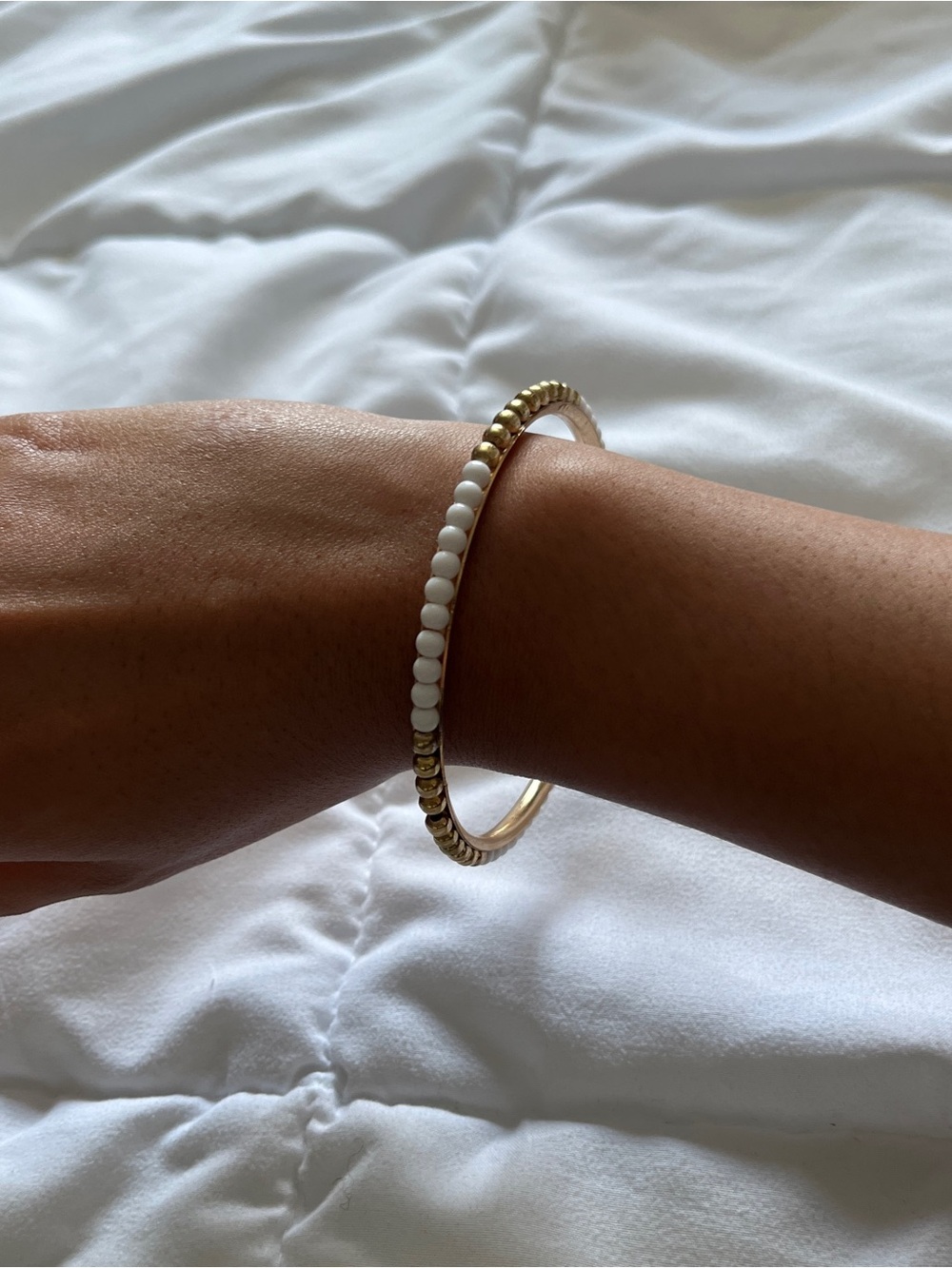 Gold and White Beaded Bangle Bracelet - Women Jewelry